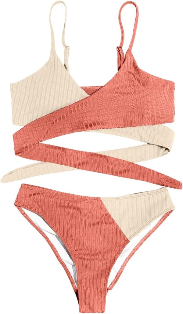 Bikini femme taille haute bretelles côtelées polyester-1