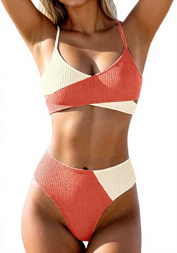 Bikini femme taille haute bretelles côtelées polyester