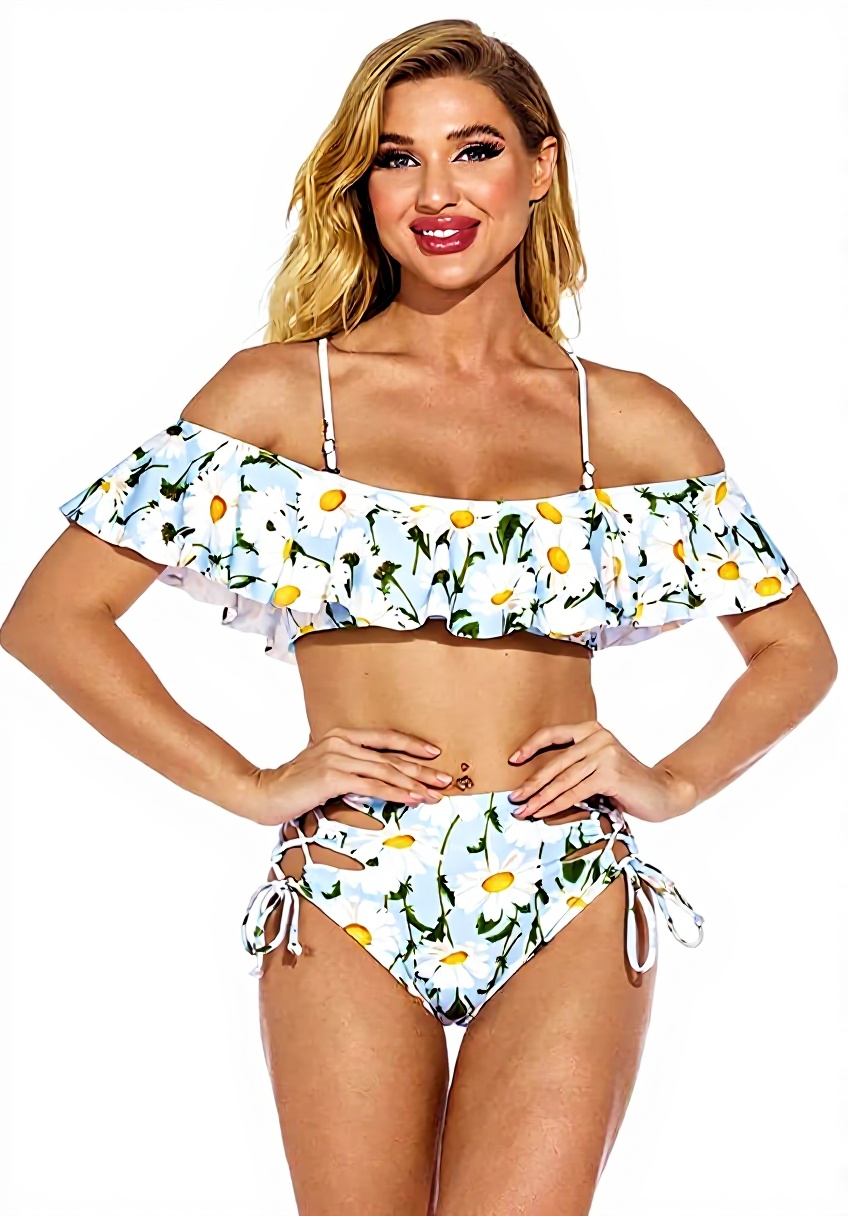 Maillot de bain bikini taille haute beige porté sur plage