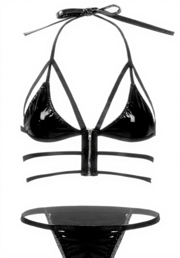 Maillot de bain femme en cuir verni lingerie bikini halter