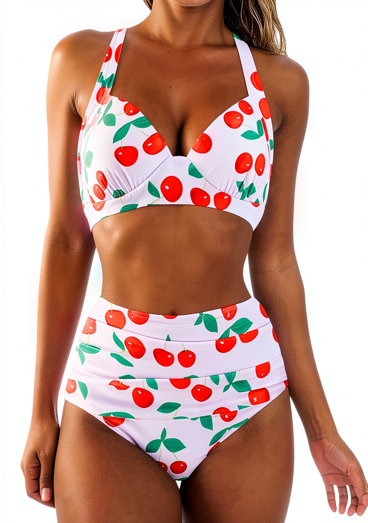 Femme portant le bikini deux pièces sur une plage ensoleillée